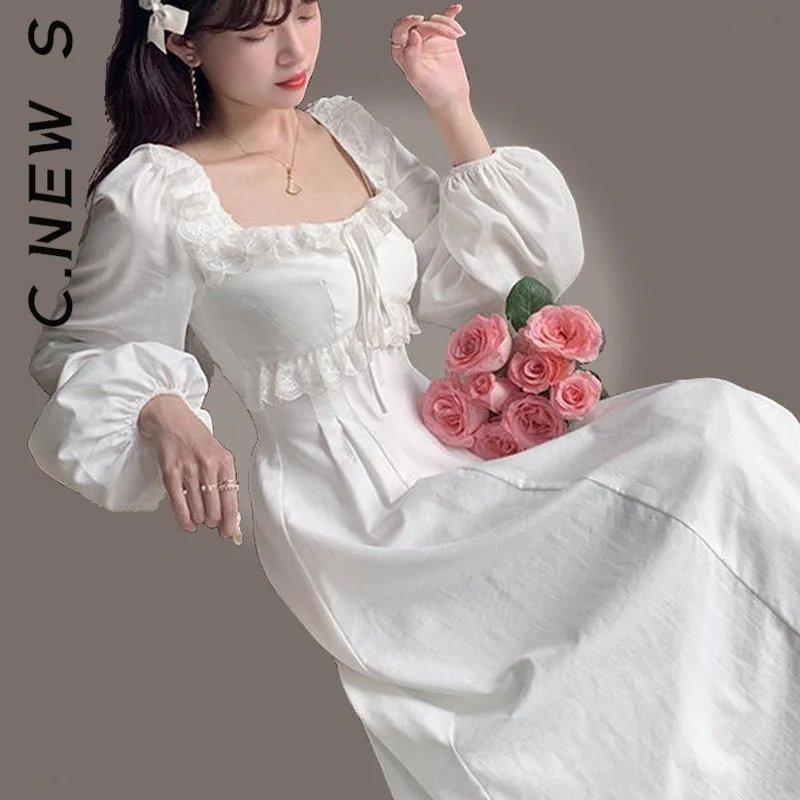 

C.New S Woman French Retro Square Collar Designer Slim Dress Vintage Elegant Fairy Princess White Lace Dress 2022 Clothes