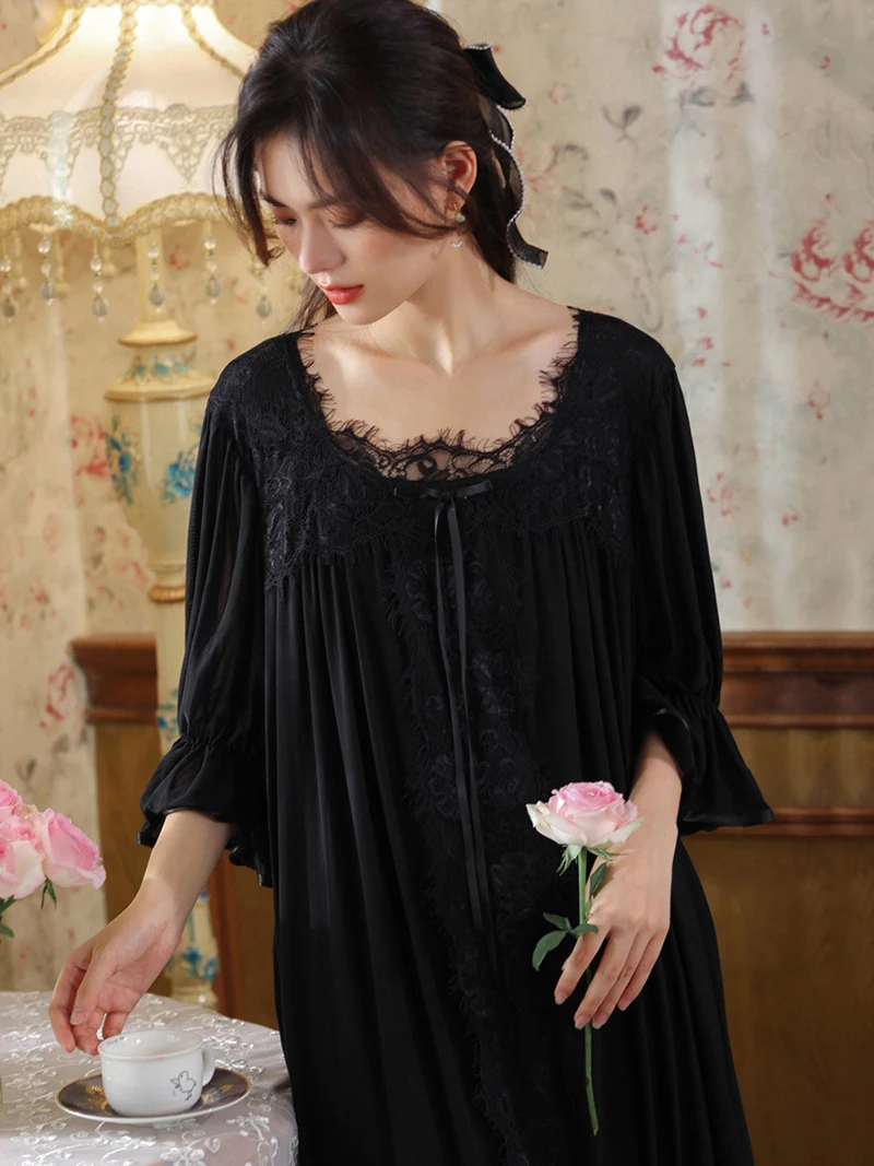 

Women Fairy Lace Cotton Medium Sleeve Mesh Loose Princess Pajama Spring Court Retro Style Romantic Vintage Pajamas Nightgowns