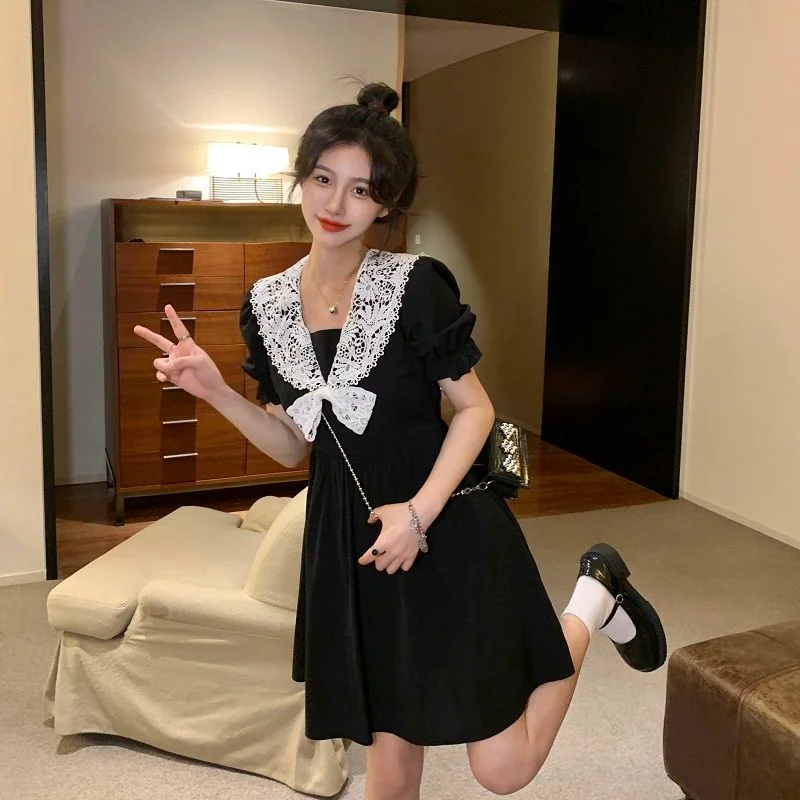

Black Vintage Dress Women Elegant Kawaii Lace Bow Patchwork 2023 Summer Korean Fashion Harajuku Casual Lolita Streetwear