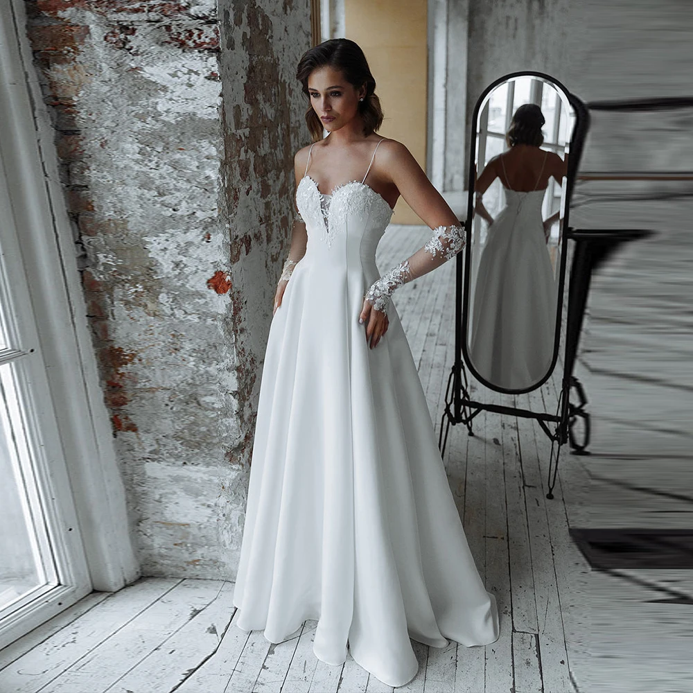 

Белое Свадебное платье А-силуэта с аппликацией, на бретельках, со шлейфом, винтажное Свадебное платье для невесты, без рукавов