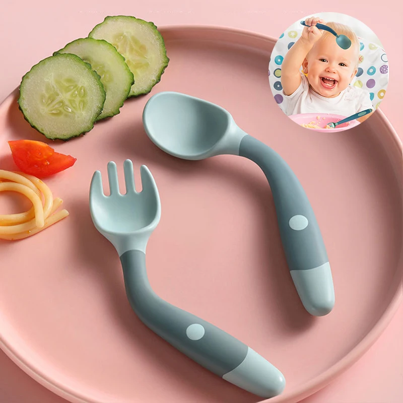 

Baby Silicone Utensils Spoon with Safe Case Toddler Babies Feeding Training Spoon Easy Grip Bendable Soft Fork Infant Tableware