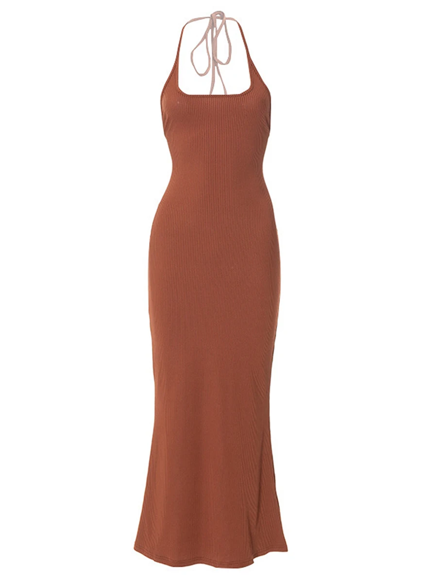 

Женское облегающее платье без рукавов, однотонное длинное облегающее платье с лямкой на шее и открытой спиной, для клувечерние, на лето