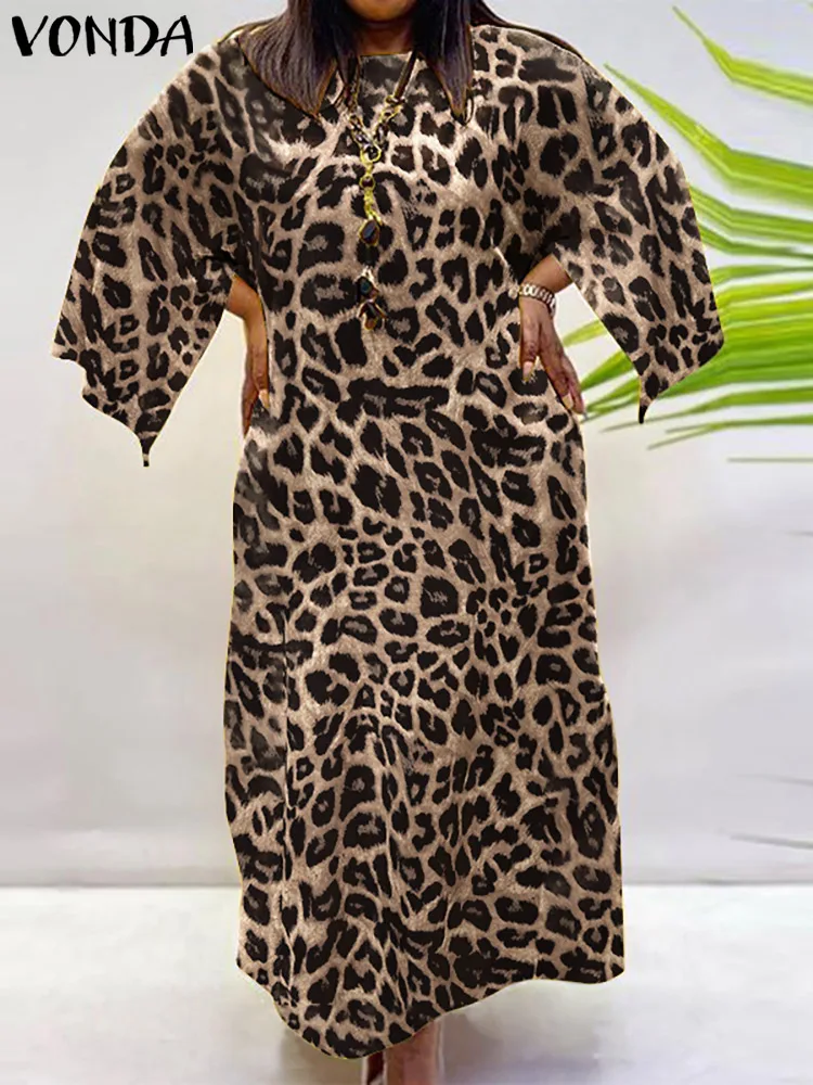 

VONDA 2022 Women's Fashion 3/4 Sleeve Dress Sexy Leopard Print Long Dresses Kaftan Sundress Casual Loose Holiday Vestidos 6#