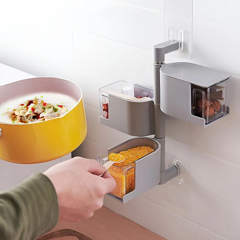 Rotatable Wall-mounted Seasoning Storage Box with Spoon Kitchen Transparent Multi-layer Drawer Type Seasoning Tank Spice Tools