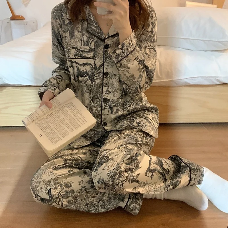 

Wear Spring Silk Lapel Shirts Women's Luxury Two-piece Home Trousers Women's Casual Cardigan Simple Pajamas Ice Painting Ink