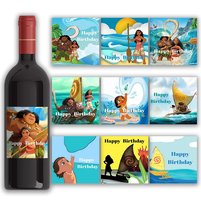 

24pcs Moana DIY Labels Any Text Occasion Personalise Baptism Wedding Children Birthday Party Wine Bottle Wraps Sticker Decortion