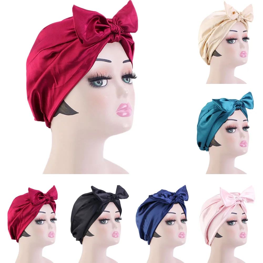 

Newest Bow Turban Satin Night Sleep Cap Women Elastic Hair Care Bonnet Silk Sleeping Nightcap Chemo Caps Beauty Baotou Headwear