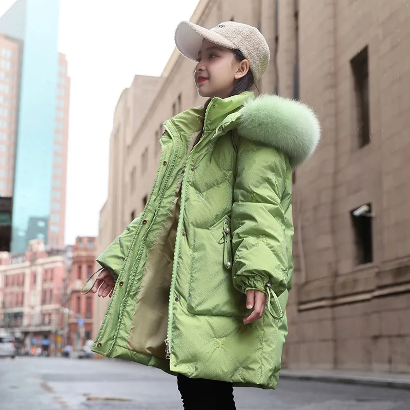 Enlarge 2022 New children's winter clothing Girls' fashion warm hooded down jacket Girls green waterproof duck down coat Anti-cold coat