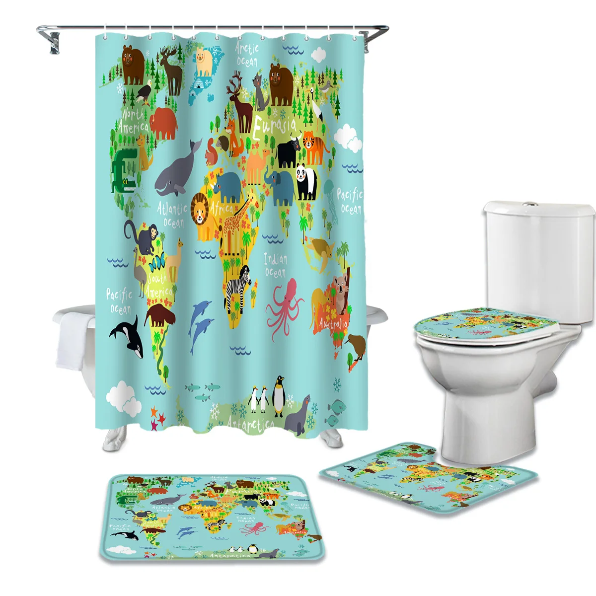 

Cartoon Animal World Map Shower Curtain Set Carpet Cover Toilet Cover Bathroom Mat Bathroom Household