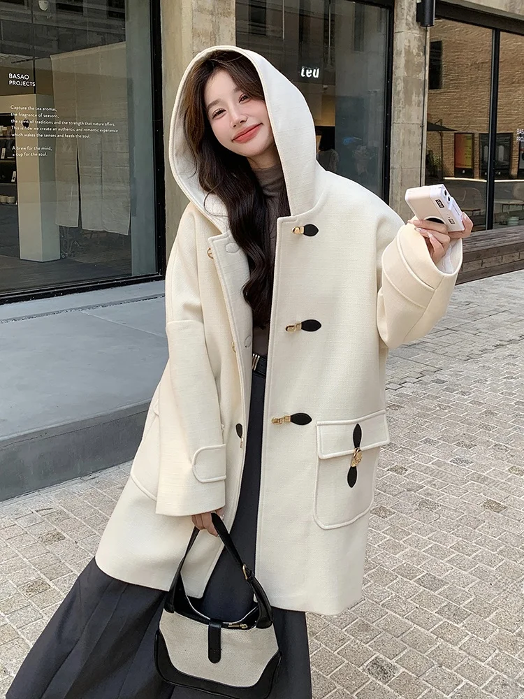 Свободное шерстяное пальто с капюшоном в стиле преппи женское зимнее 2024 новая