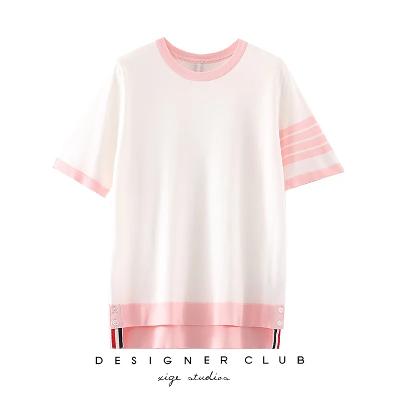 

tb round neck loose ice silk knitted sweater women's summer thin section contrast color college style short-sleeved T-shirt top