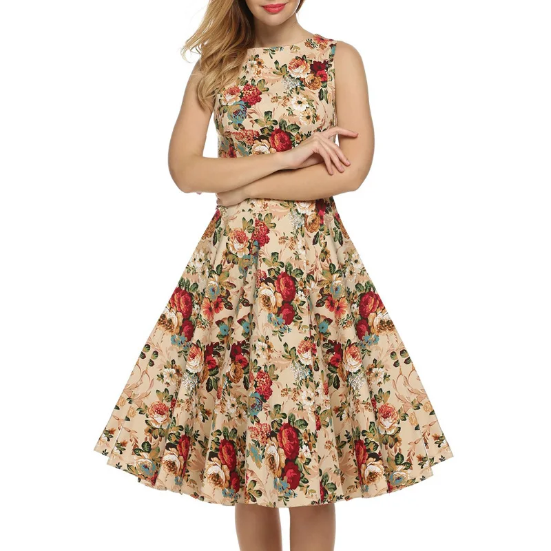 

2022Summer Hot Sale Women's European and American Retro Hepburn Style Sexy Sleeveless Printed Midi Dress Large Swing Dress