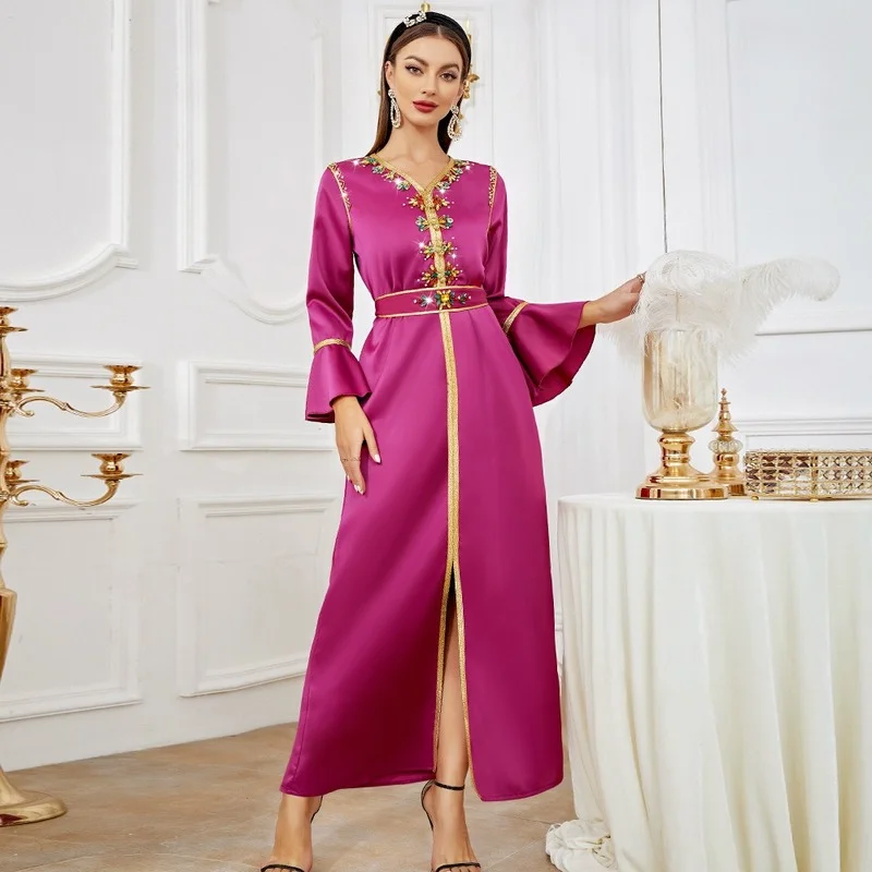 

Fashion Muslim Rose Red Heavy Hand Stitched Diamond Dress Ruffled Cuff Belt 2022 New Kaftan Abayas Djellaba Moroccan Vestidos