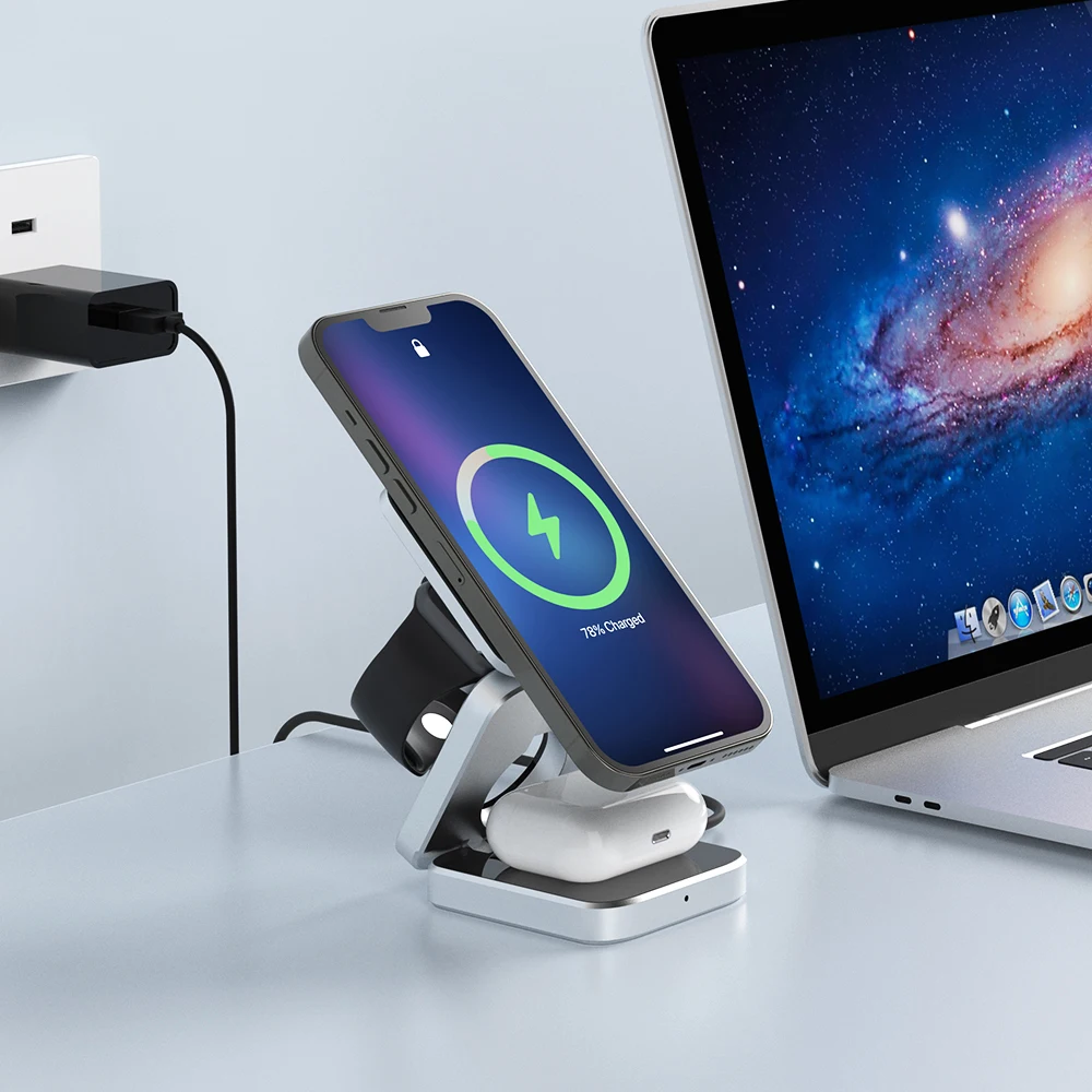 Portable 3 in 1 Foldable Wireless Charger Stand Dock for iPhone 14 13 Holder Magnetic Fast Charging Station for Apple Watch S8