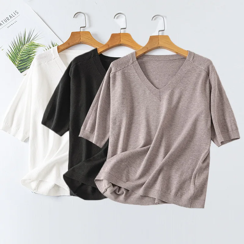 

2022 Summer Women T Shirt Korean Style V Neck Half Sleeve Knitted Sweater Solid Color Plus Size Loose Soft Female Tee Shirts