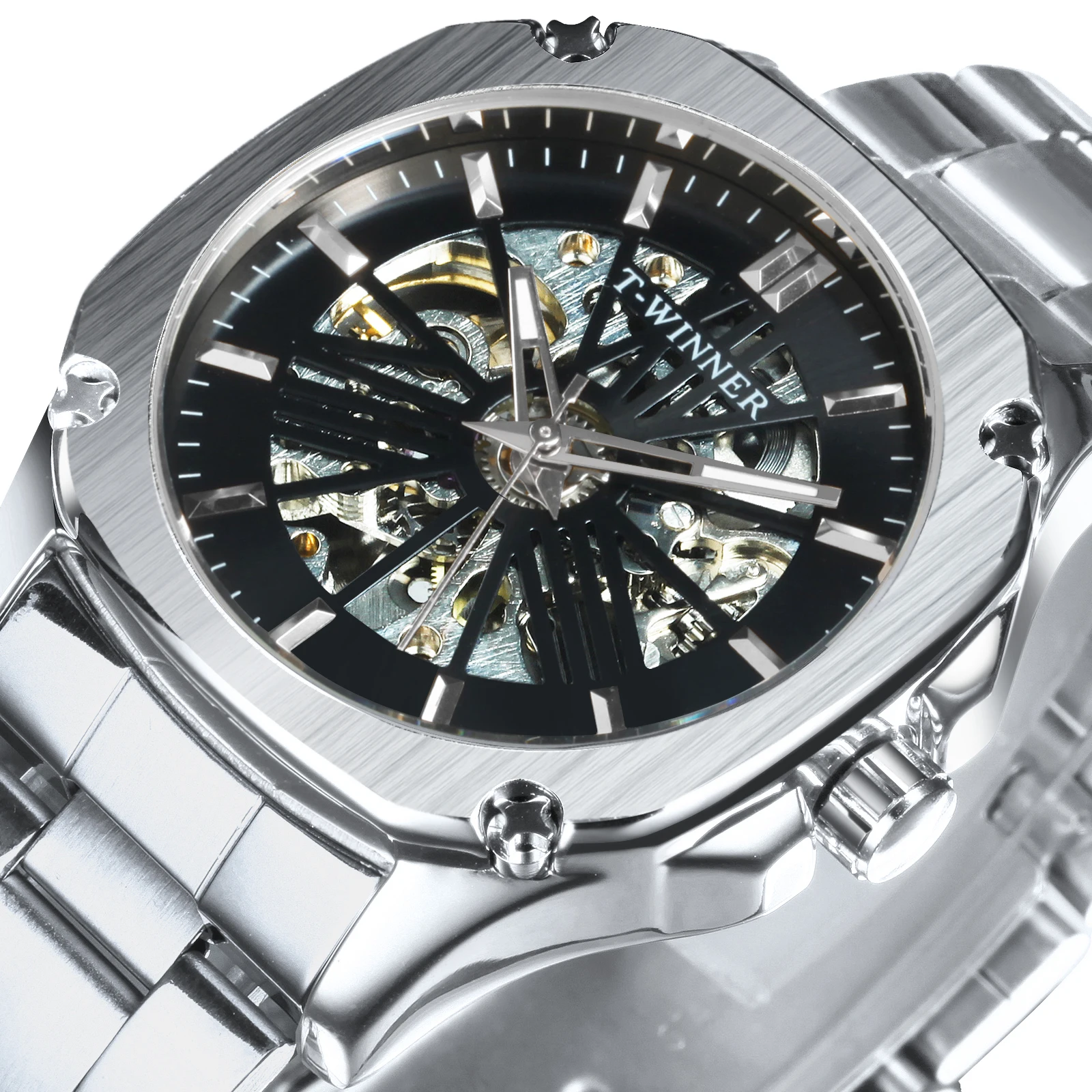 

WINNER Business Square Skeleton Automatic Watch for Men Fashion Luminous Hands Luxury Brand Mechanical Watches Stainless Steel