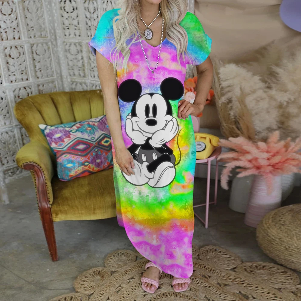 Mickey Party Dresses for Women 2022 Fashion Maxi Dress Minnie Mouse Elegant Casual Women's Dresses Robe V-Neck Print Split Skirt