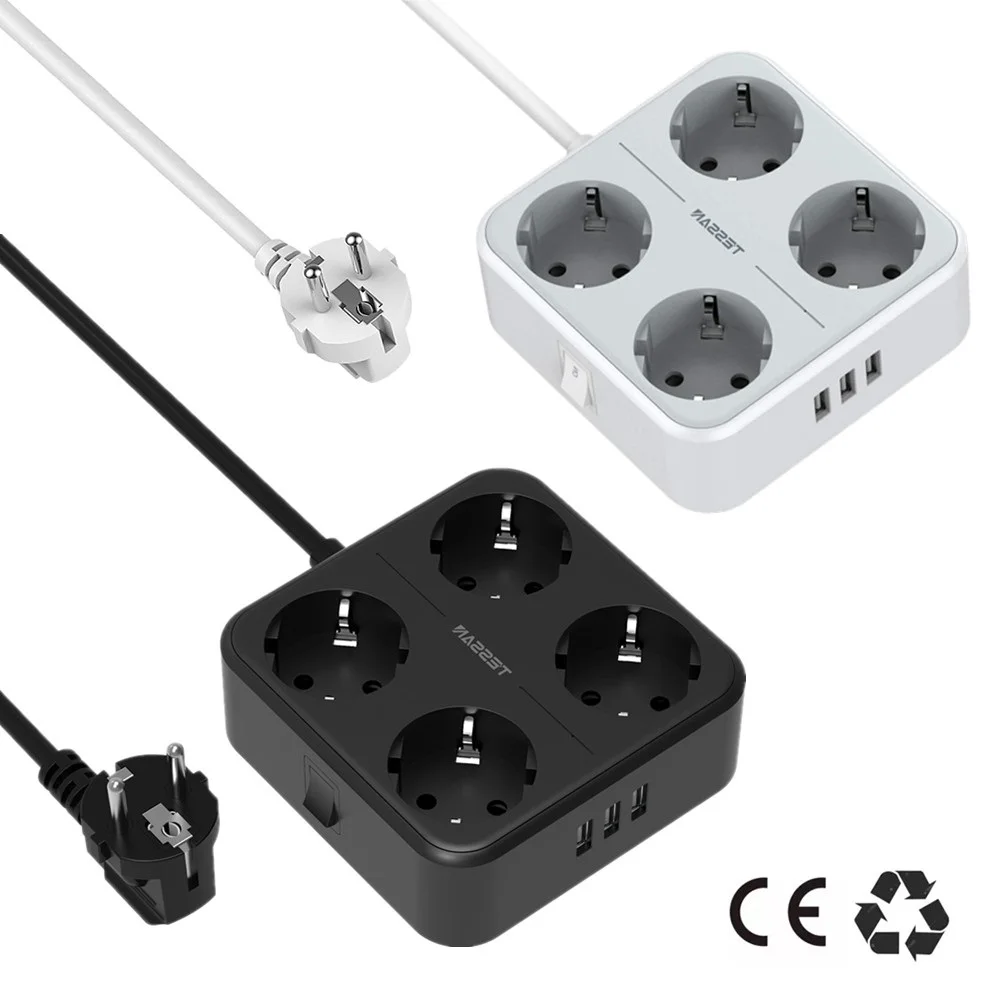 

TESSAN Power Strip Multiple European Plug Electric Extension Socket with Switch 4 EU Outlets 3 USB Port 2M Cable for Home Office