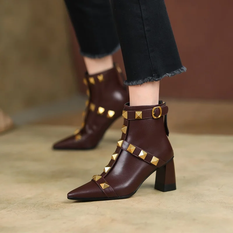 autumn winter fashion pointed toe women shoes punk soft leather thick high heel rivet short boots black brown white shoe boots