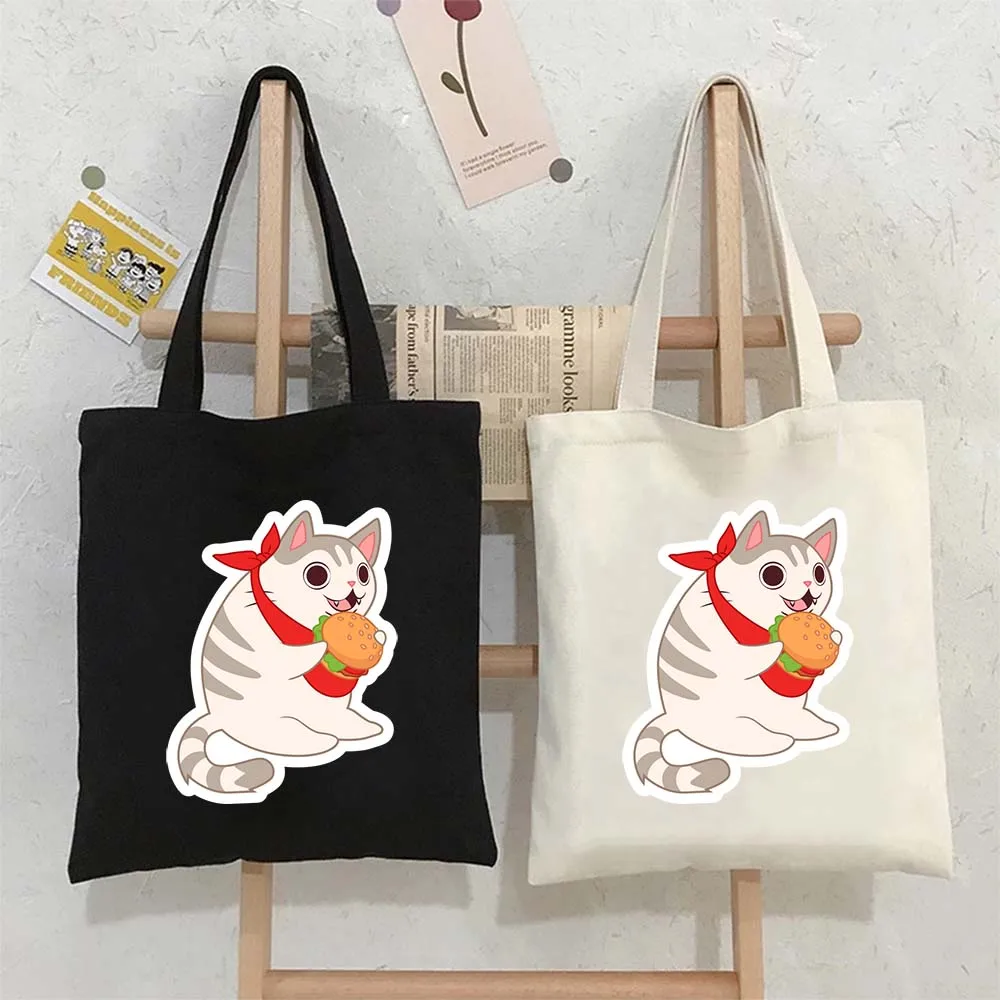 

Tote Bags for Women Cute Smiling Cat with Burger Canvas Shopping Beach Bag Large Capacity Reusable Handbags