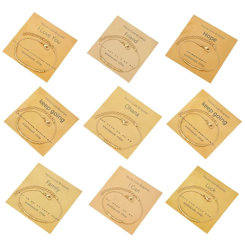 

Handmade Morse Code Beads Adjustable Gold String Bracelet with I Love You Lettering Cardboard Creative Charm Jewelry for Lover