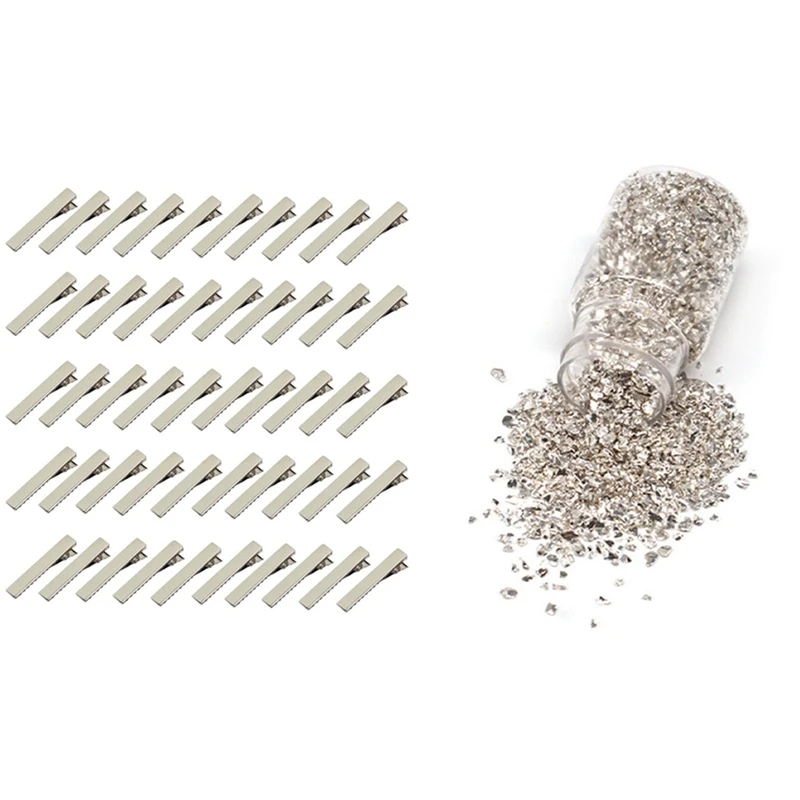 

50Pcs Mini Pins Crocodile Clips For Hair DIY - Silver Color & 1X 35G Metal Crushed Stone Effect Filler