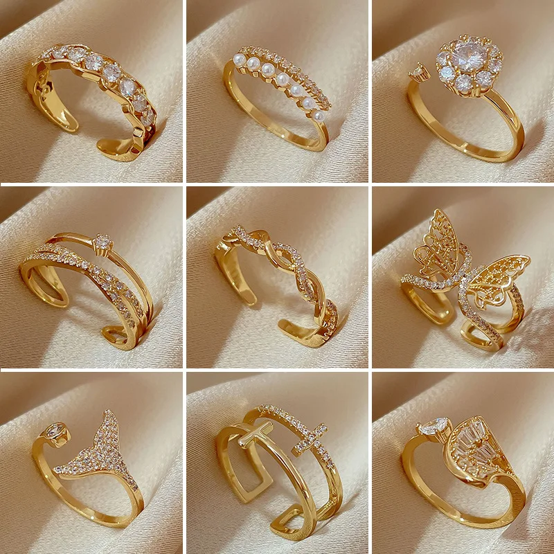 

18k Gold Plated Zircon Rings Geometric Diamond Fashion Simple Opening Adjustable Size Ring for Women Animal Snake Jewelery Gift