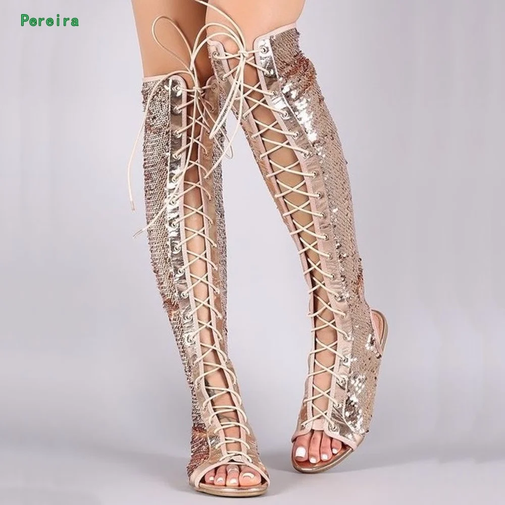 

Sequined Cross-strap Knee Boots 2022 Summer New Arrival Solid Round Toe Fashion Party Catwalk Roman Women's Flat Sandals