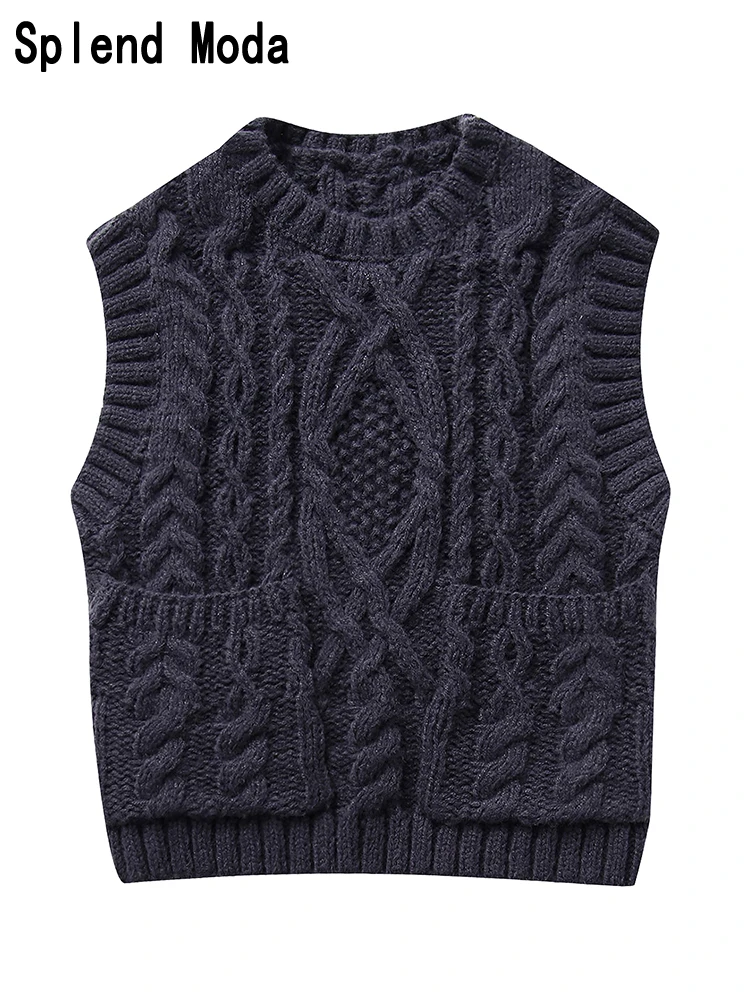 

2023 Women Autumn Vintage Solid Pockets Pullover Knitted Vest Sweater Fashion O-Neck Sleeveless Female Waistcoat Casual Tops