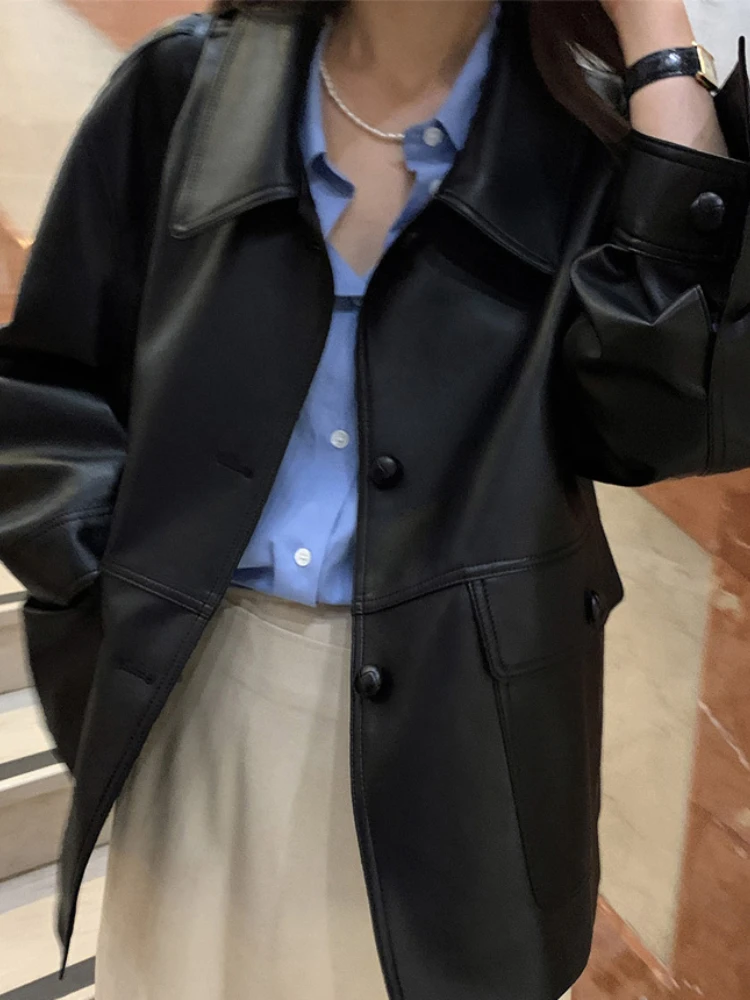 

FTLZZ New Spring Autumn Faux Leather Short Jacket Women Streetwear Lapel Single Breasted Pu Coat Lady Casual Black Loose Outwear