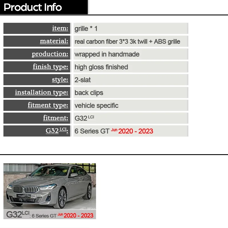 Решетка переднего бампера из углеродного волокна 3*3 3K для BMW 6 серии Facelift G32 Gran Turismo LCI, июнь 2020–2023 620d 630i 630d 640i 640d (art.: 3920d2c2be3f2) - 3920d2c2be3f2
