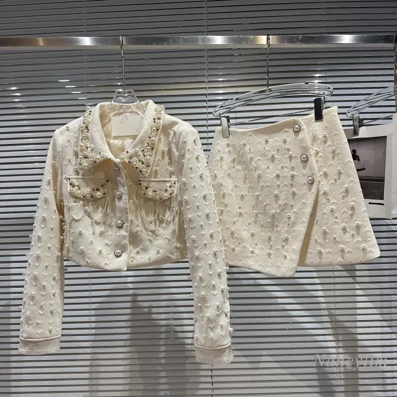 High Quality Skirts Set Two Piece Sets 2022 Winter New Pearl Beaded Love Impression Short Jacket + Mini Skirt Lady Solid Outfits