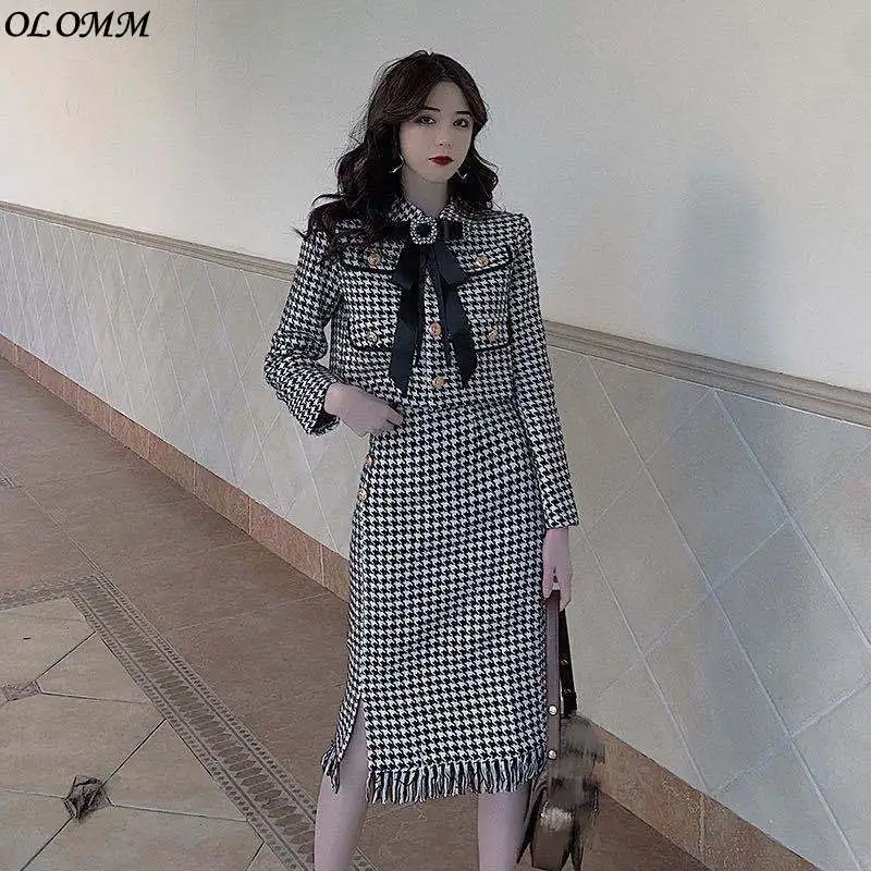 

Foreign Style Vintage Skirt Houndstooth Fashion Two Piece Suit Autumn Dress Matching Sets For Women Jk Uniform Club Coat Korea