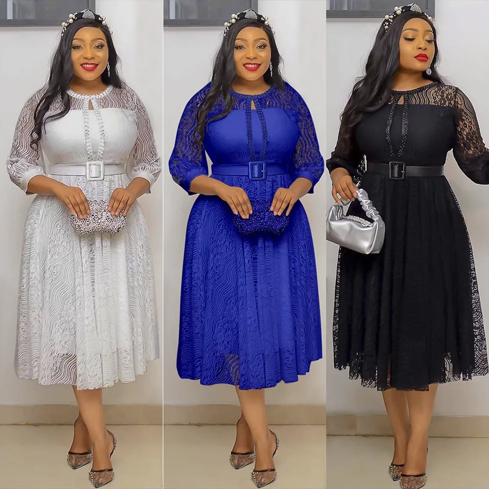 

African Dresses for Women Summer Elegent African Women Polyester Solid Color O-neck Knee-length Dress African Clothes L-3XL