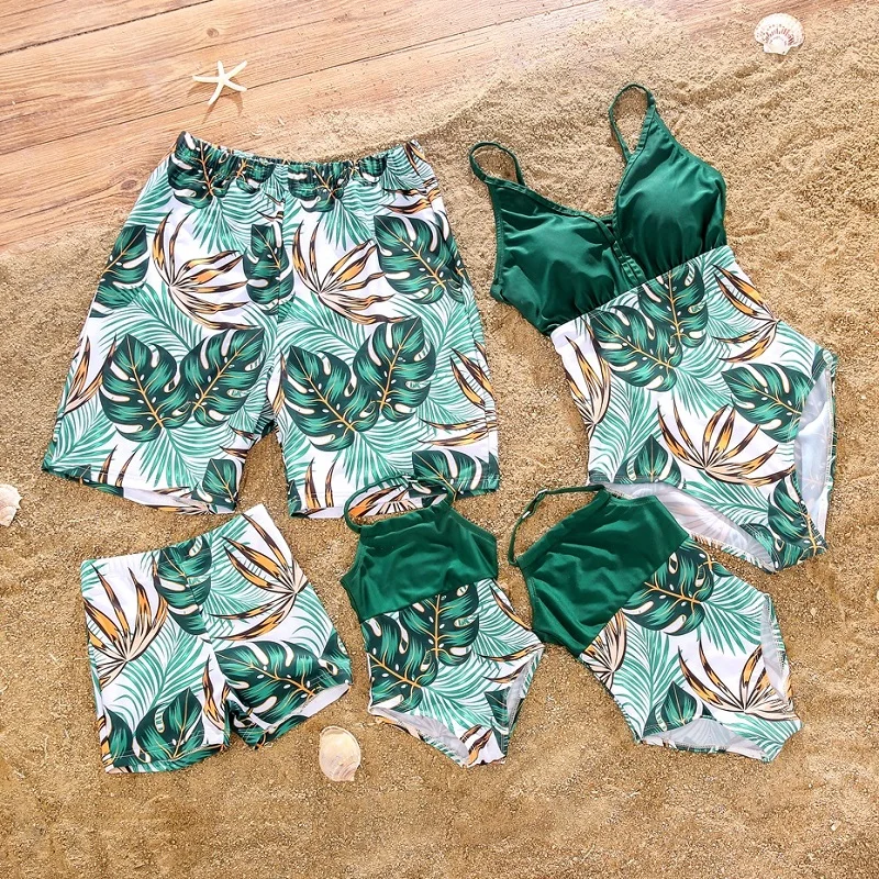 2023 Leaf Swimsuits Family Matching Outfits Look One-Piece Mother Daughter Swimwear Mommy and Me Clothes Father Son Swim Shorts