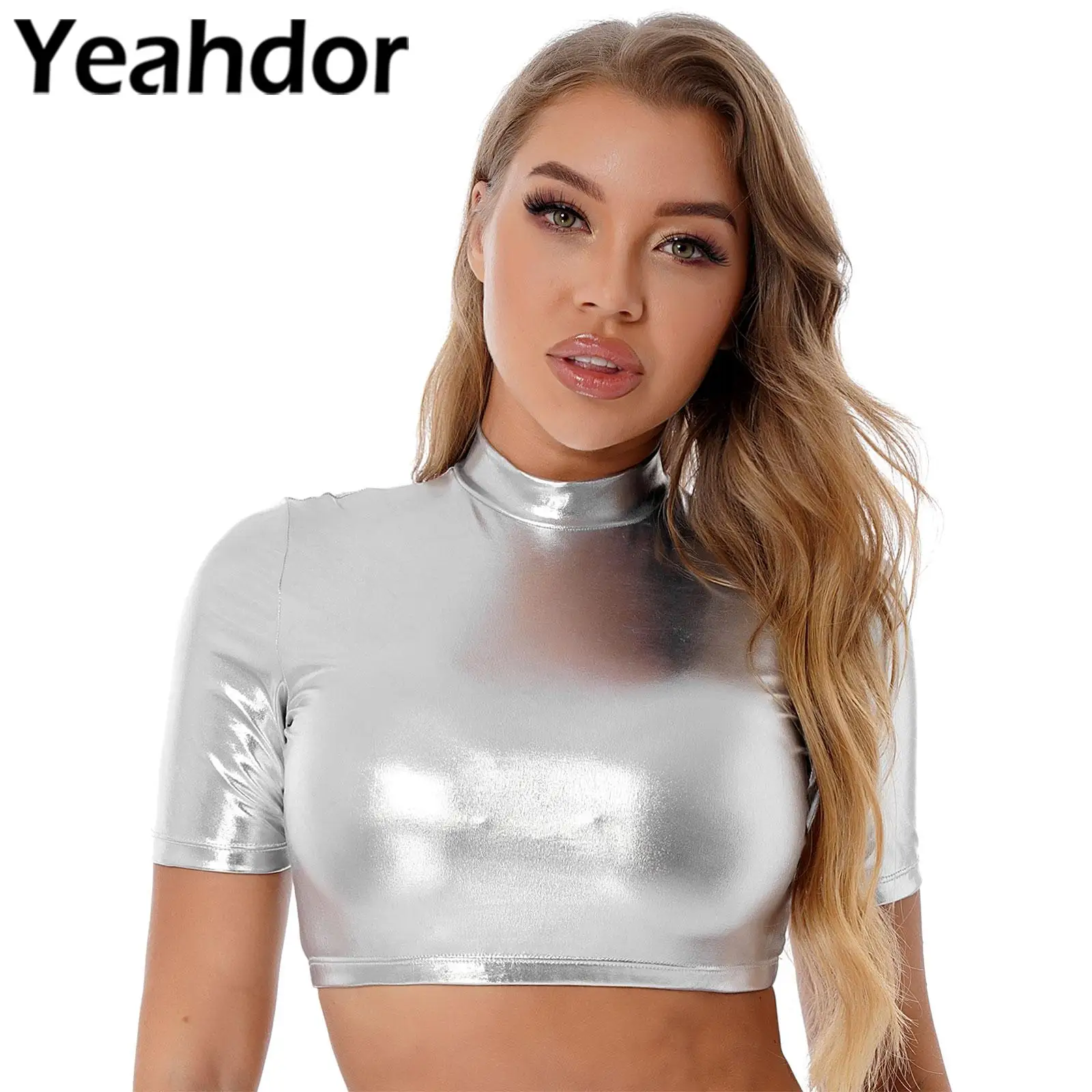 

Womens Metallic Mock Neck Crop Top Clubwear Fashion Back Invisible Zipper Short Sleeve T-shirt Sexy Tops