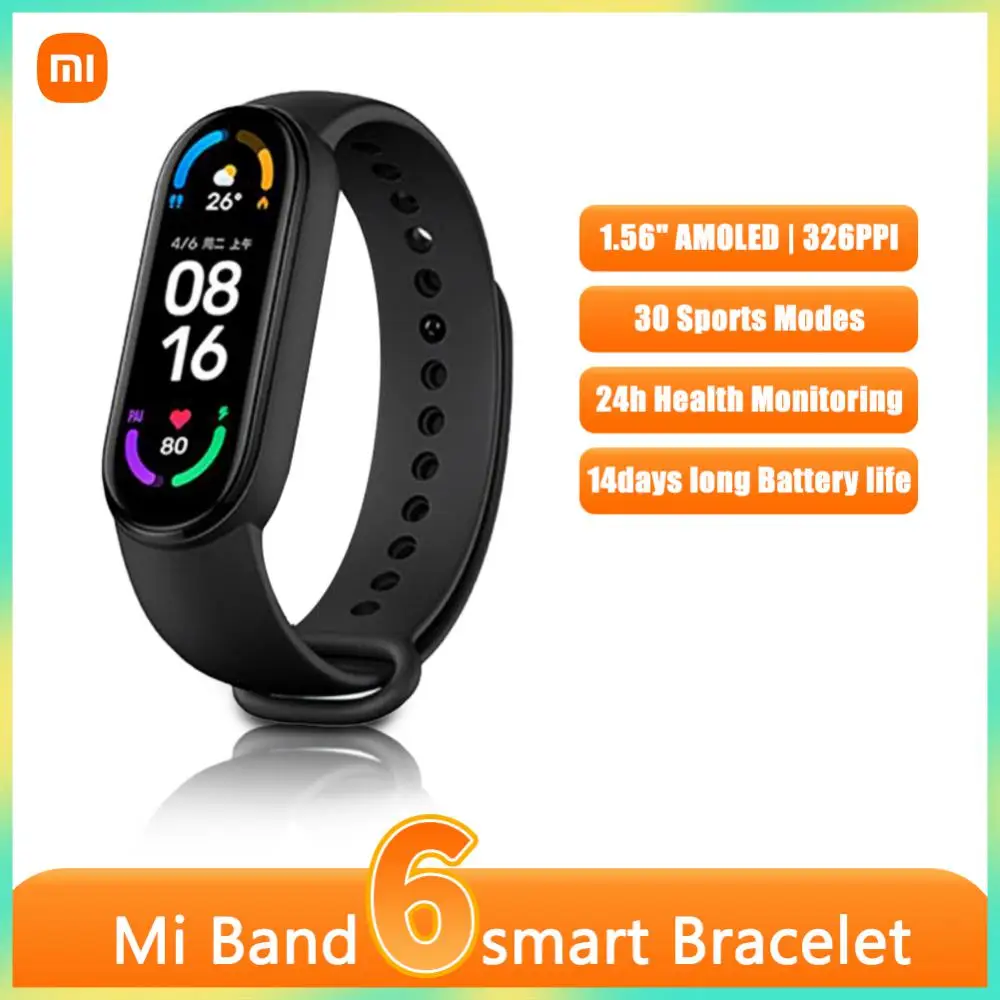 

Xiaomi Mi Band 6 Smart Bracelet 1.56"AMOLED Screen miBand 6 Heart Rate Fitness Traker Bluetooth 5 ATM Waterproof Wristband