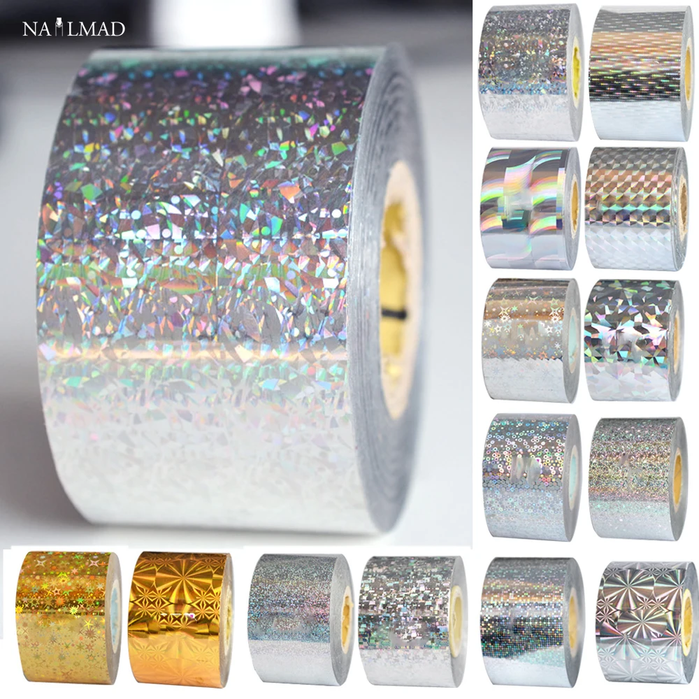 Lámina holográfica para decoración de uñas, 1 rollo de 120m x 4cm, holográfica, láser dorado, plateado, calcomanía de transferencia de Arte de uñas