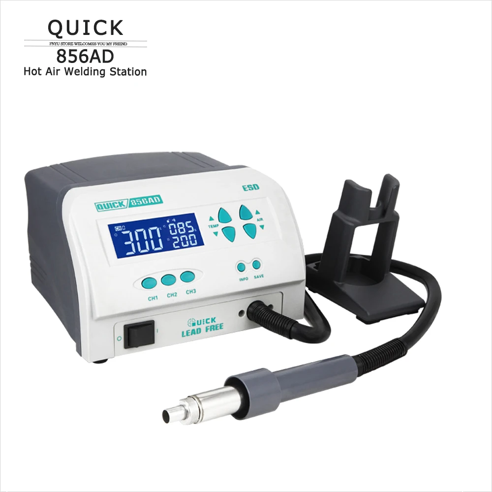 

Сварочная станция горячим воздухом QUICK 856AD паяльная станция для деталей поверхностного монтажа SMD 1300 Вт бессвинцовый цифровой дисплей станция для распайки горячим воздухом