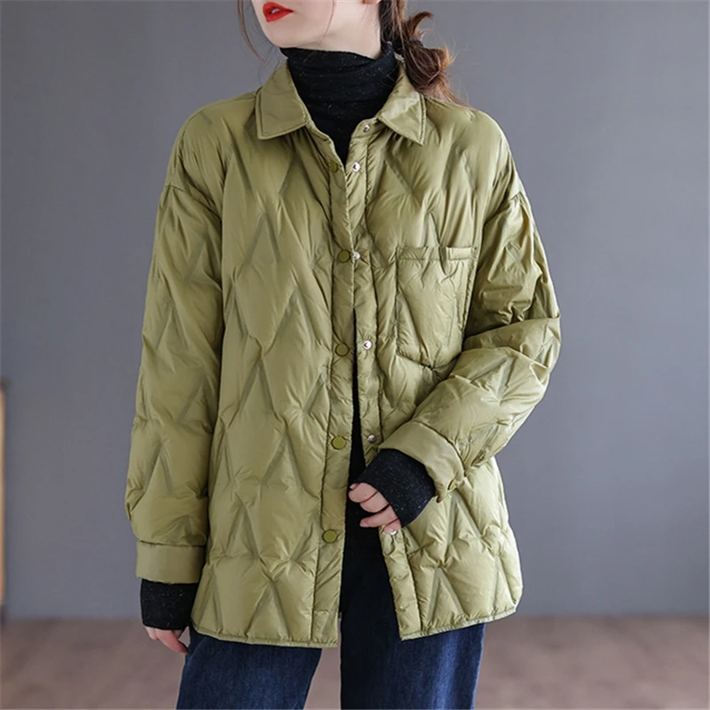 

Autumn Winter Women Turn Down Collar Down Coat Ultra Light 90% White Duck Down Jacket Single Breasted Laminated rhombus Parkas