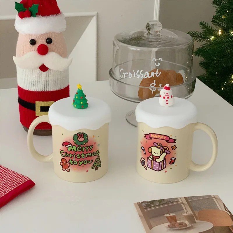 

Керамическая бежевая Рождественская Подарочная Милая кружка, кухонная фарфоровая кофейная чашка с крышкой, украшение для дома, красивая чайная кружка, посуда для напитков