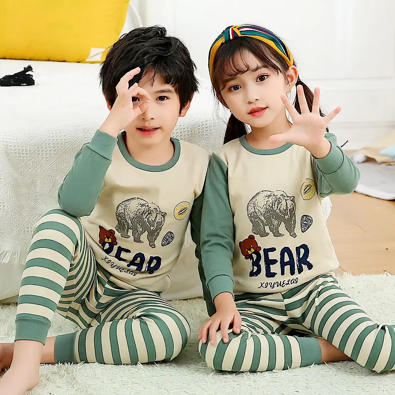 

Autumn Kids Cotton Set Pajama Pants Pyjamas Boy Sleepwear Baby Sets Children Polar Tops Underwear 2pcs Girls Clothes Bear Animal