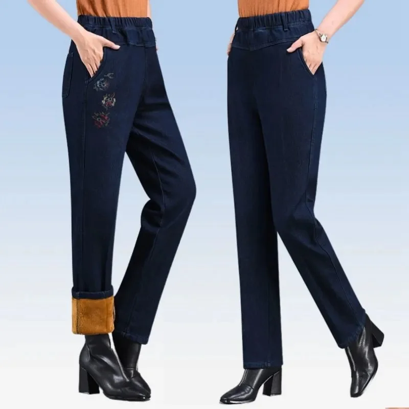 Women Winter Jeans Warm Fleece Denim Straight Pants Female Stretch High Waist Casual Denim Pants Middle-Aged Mother Pants M-5XL