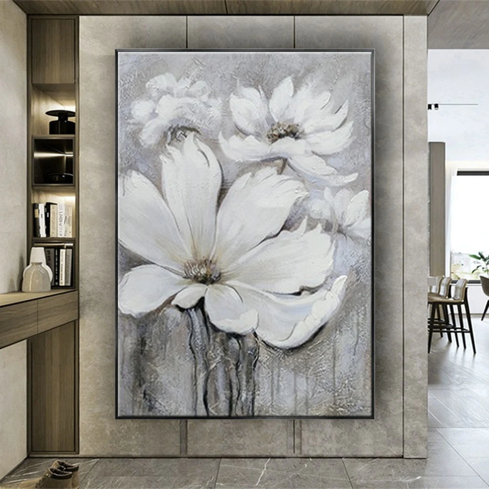 

Large Size 100% Hand Made Black and White Flowers Oil Painting On Canvas Wall Art Pictures Living Room Decorations for Home