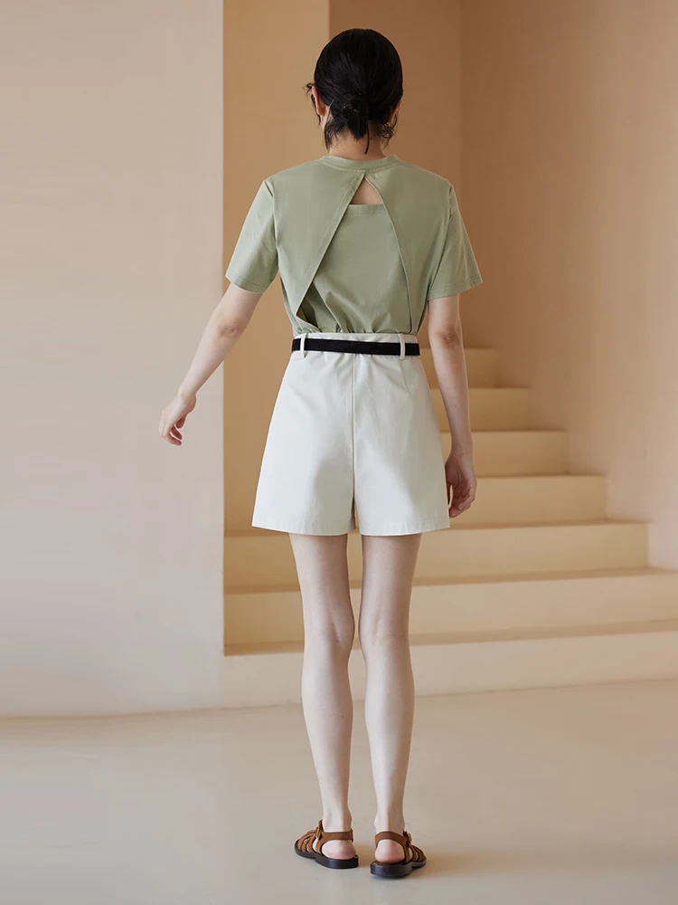 Miss Haitou Summer Avocado Sorona Long-staple Cotton Back Slit Design Short sleeve round Neck T-shirt Women