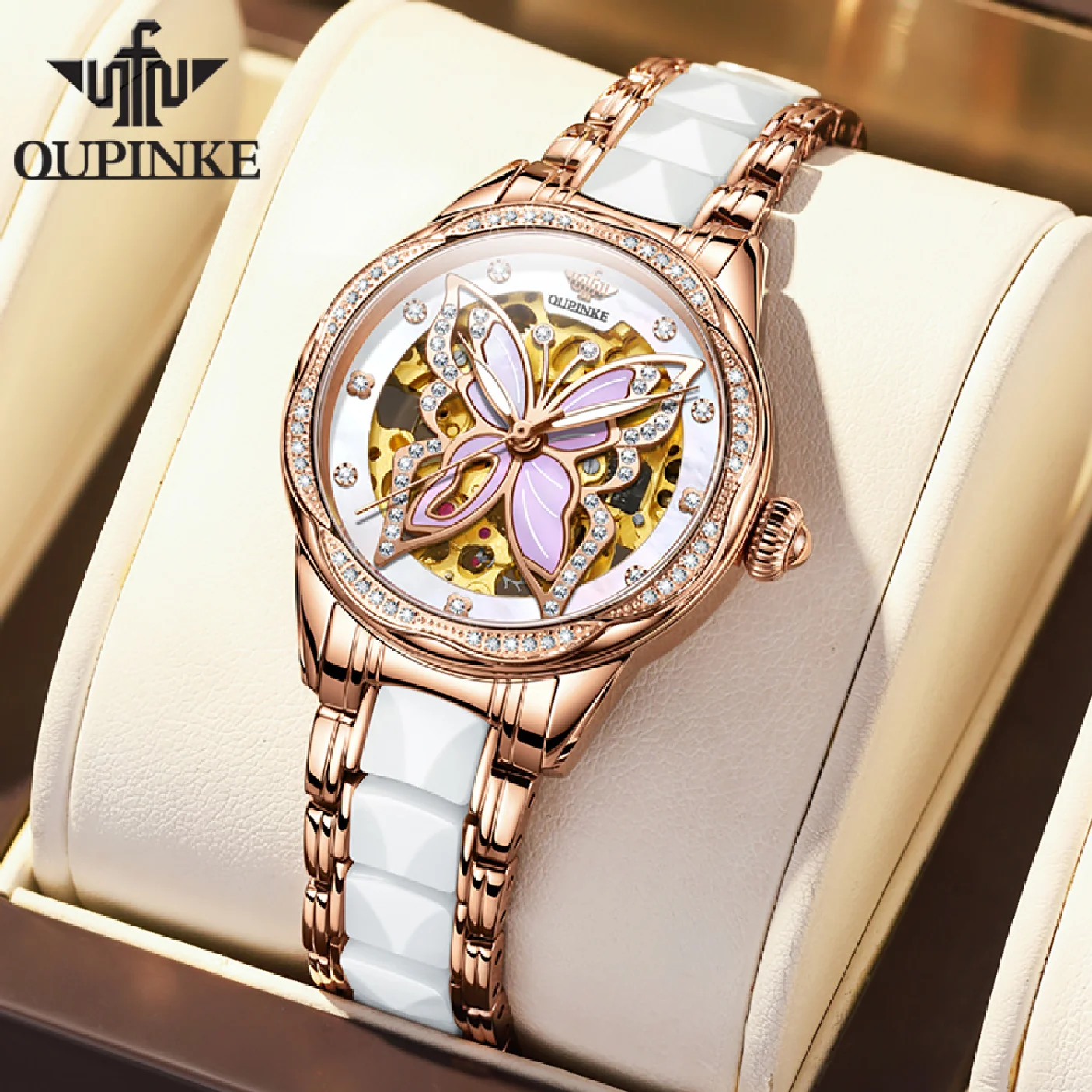 

OUPINKE Watch for Women Set Luxury Automatic Mechanical Sapphire Crystal Skeleton Diamond Waterproof Ceramic Ladies Bracelet