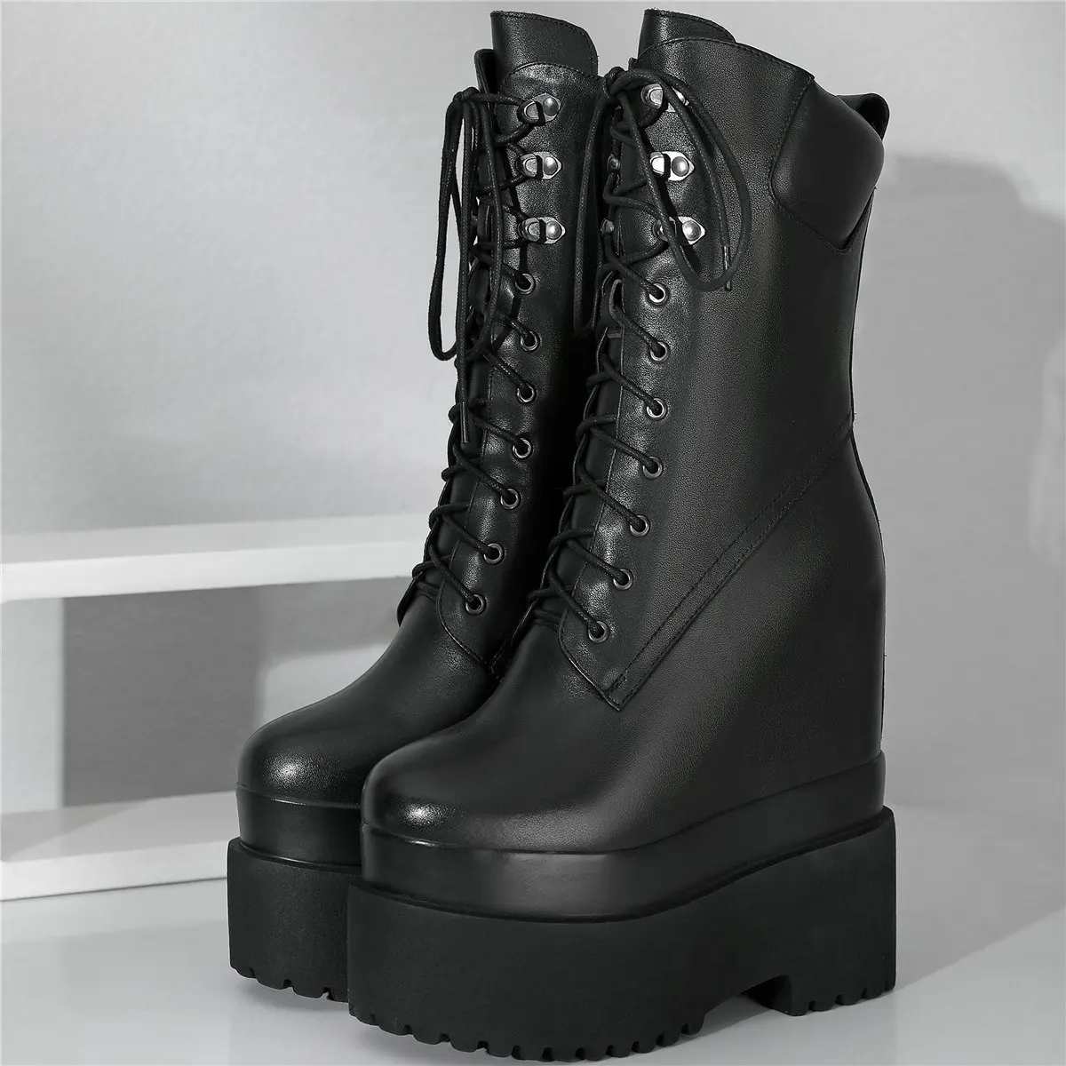 High Top Snow Boots Women Lace Up Genuine Leather Wedges High Heel Platform Pumps Female Round Toe Fashion Sneakers Casual Shoes