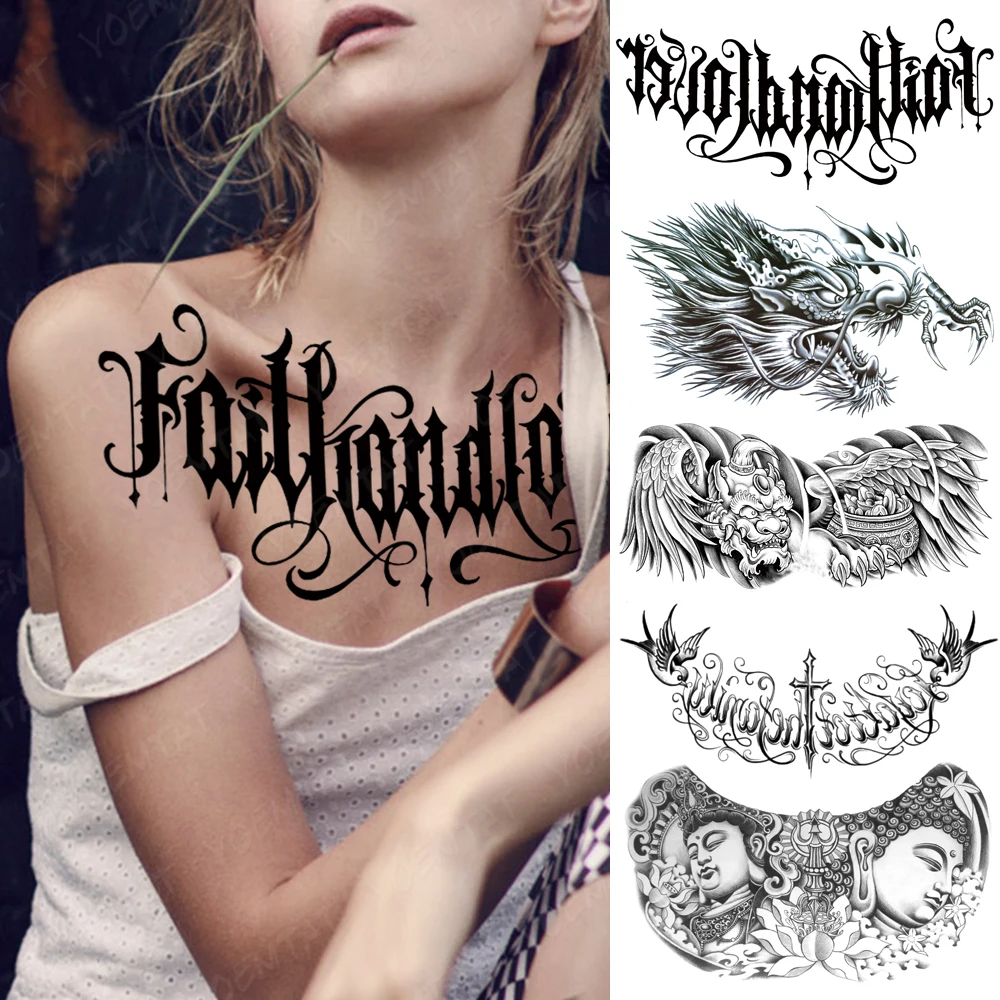 

Chest Tattoo Stickers Lettering English Words Waterproof Temporary Fake Tatoo Large Waist Shoulder Sexy Body Art For Men Women