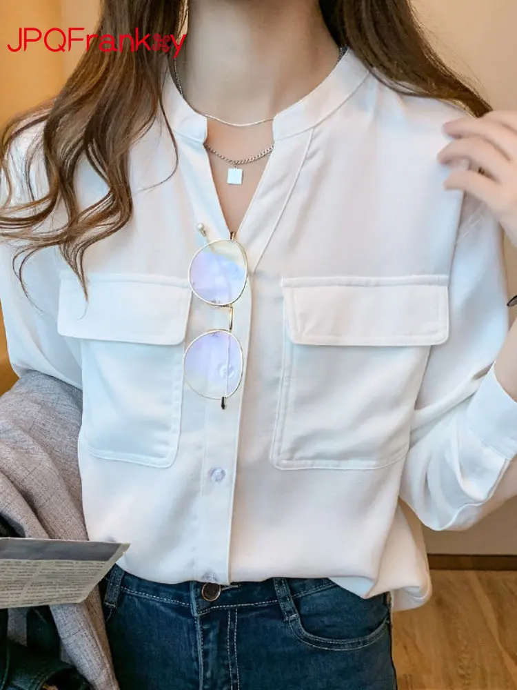 

White Chiffon Long Sleeve Shirt Female 2023 Spring Dress New Western Style Korean Loose Design Sense Minority Pocket Top