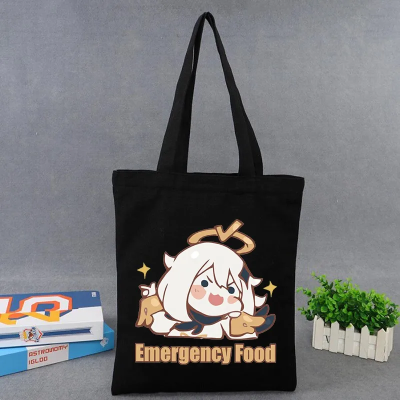 

Women Shopping Bags Cute Genshin Impact Pattern Kawaii Eco Shopper Shoulder Bag Fashion Black Printing Handbag Canvas Tote Bag